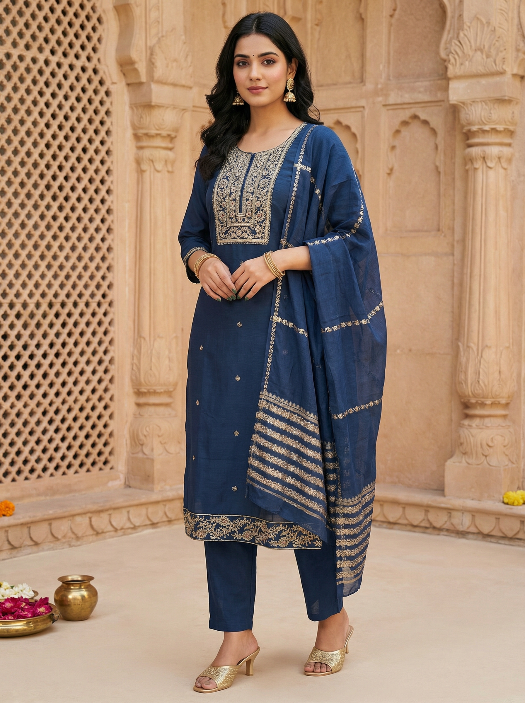VATICAN SILK DRESS WITH BEAUTIFUL NECK EMBROIDERIE AND DUPATTA