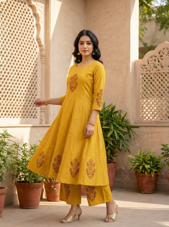 NATURAL COTTON ANARKALI AND PLAZO WITH BLOCK PRINT AND SPECIAL POCKET