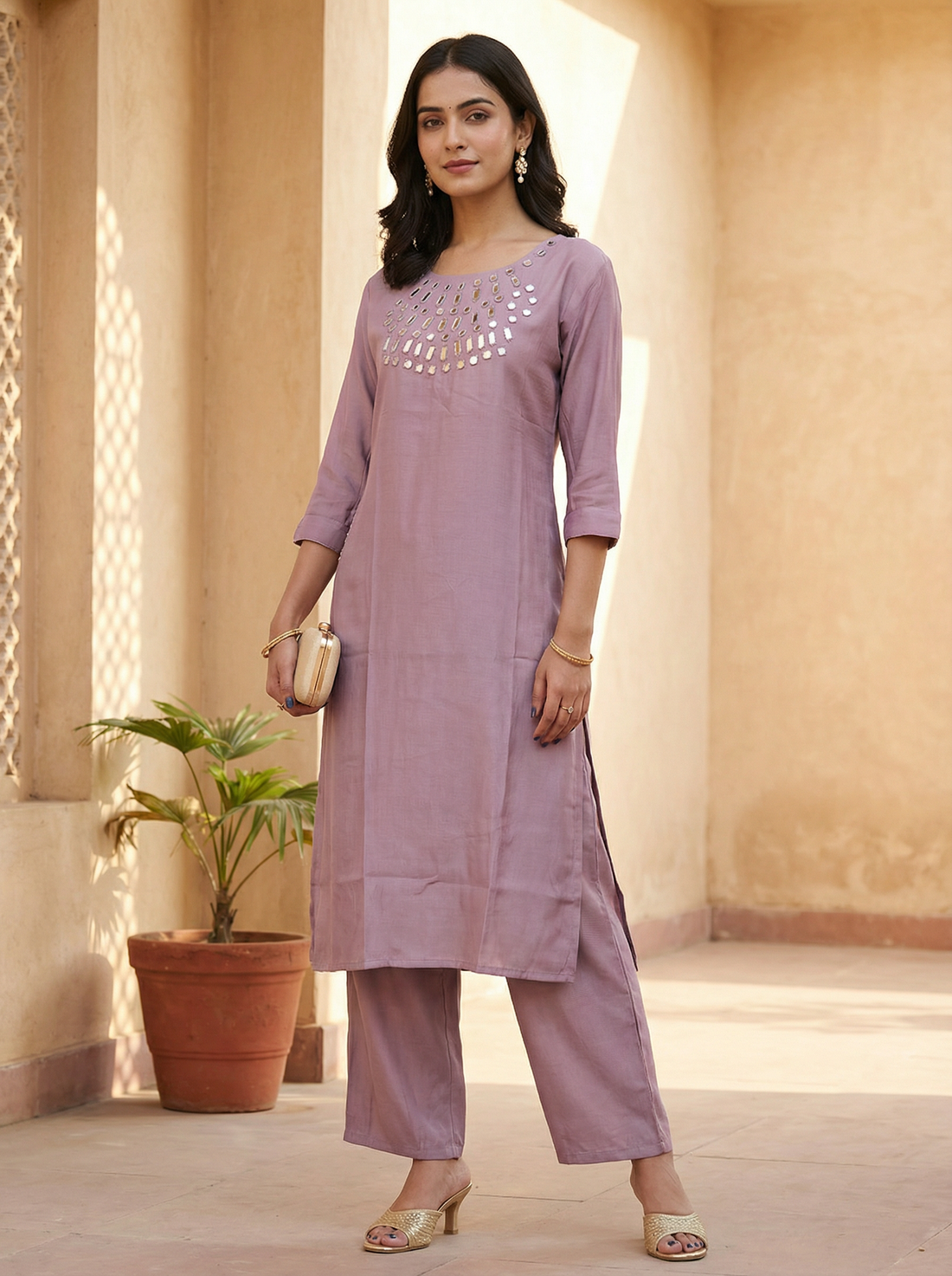 VATICAN SILK LIGHT PURPLE CORD SET WITH REAL MIRROR NECK WORK WITH POCKET