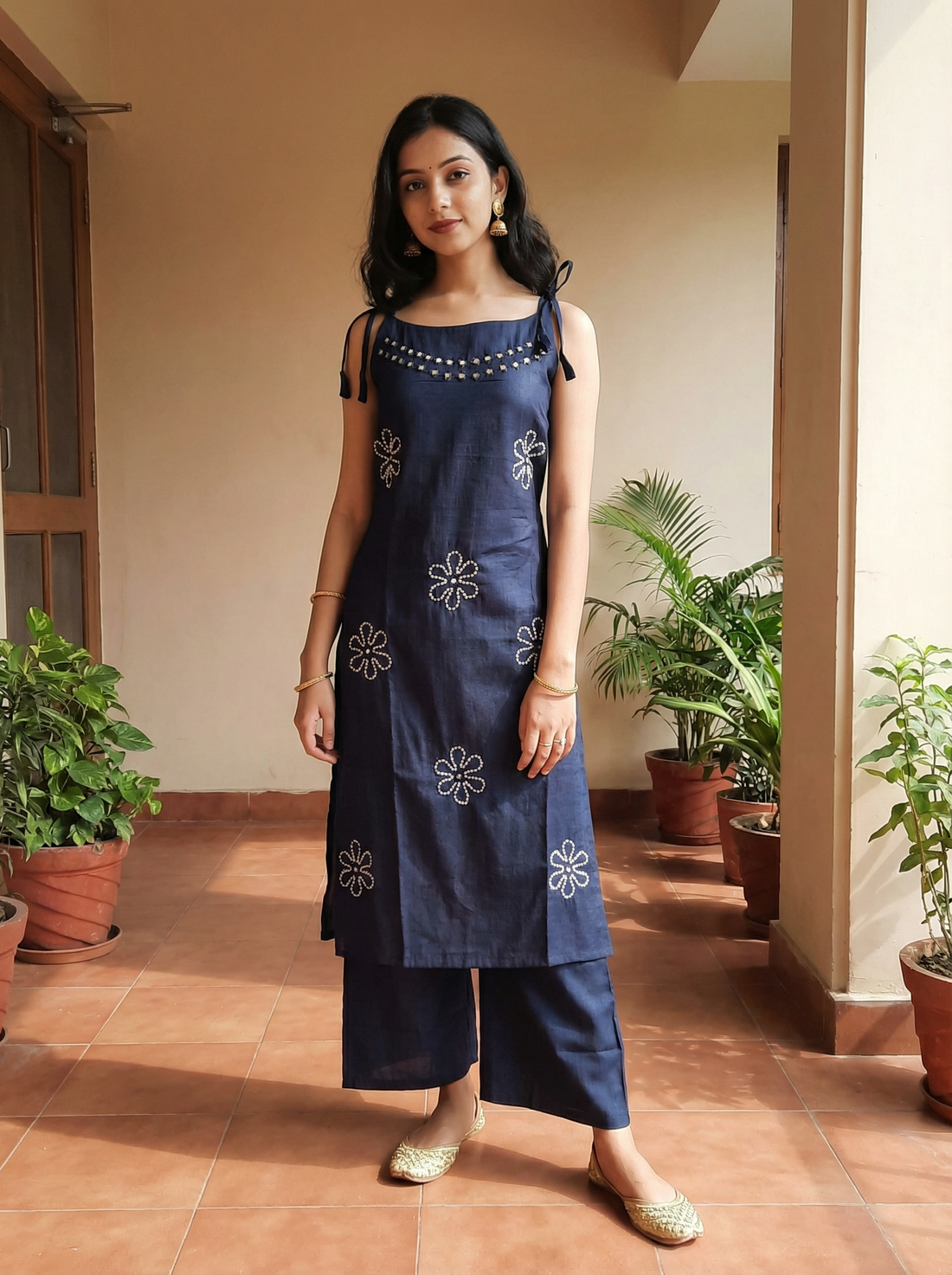 BEAUTIFUL NAVY BLUE SPGHETTI STYLE CORD SET WHIT MIRROR WORK NECK AND EMBROIDERY