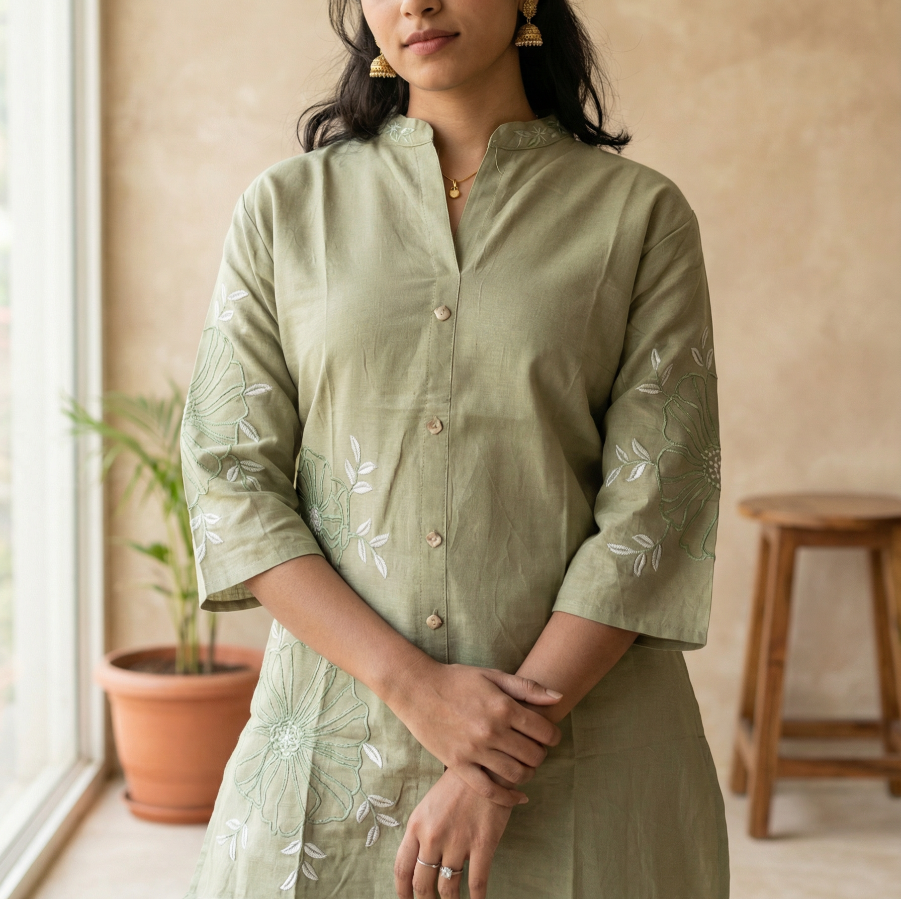 ORIGINAL COTTON LIGHT GREEN CORD SET WITH PLAZO AND BEAUTIFUL EMBROIDERY WORK