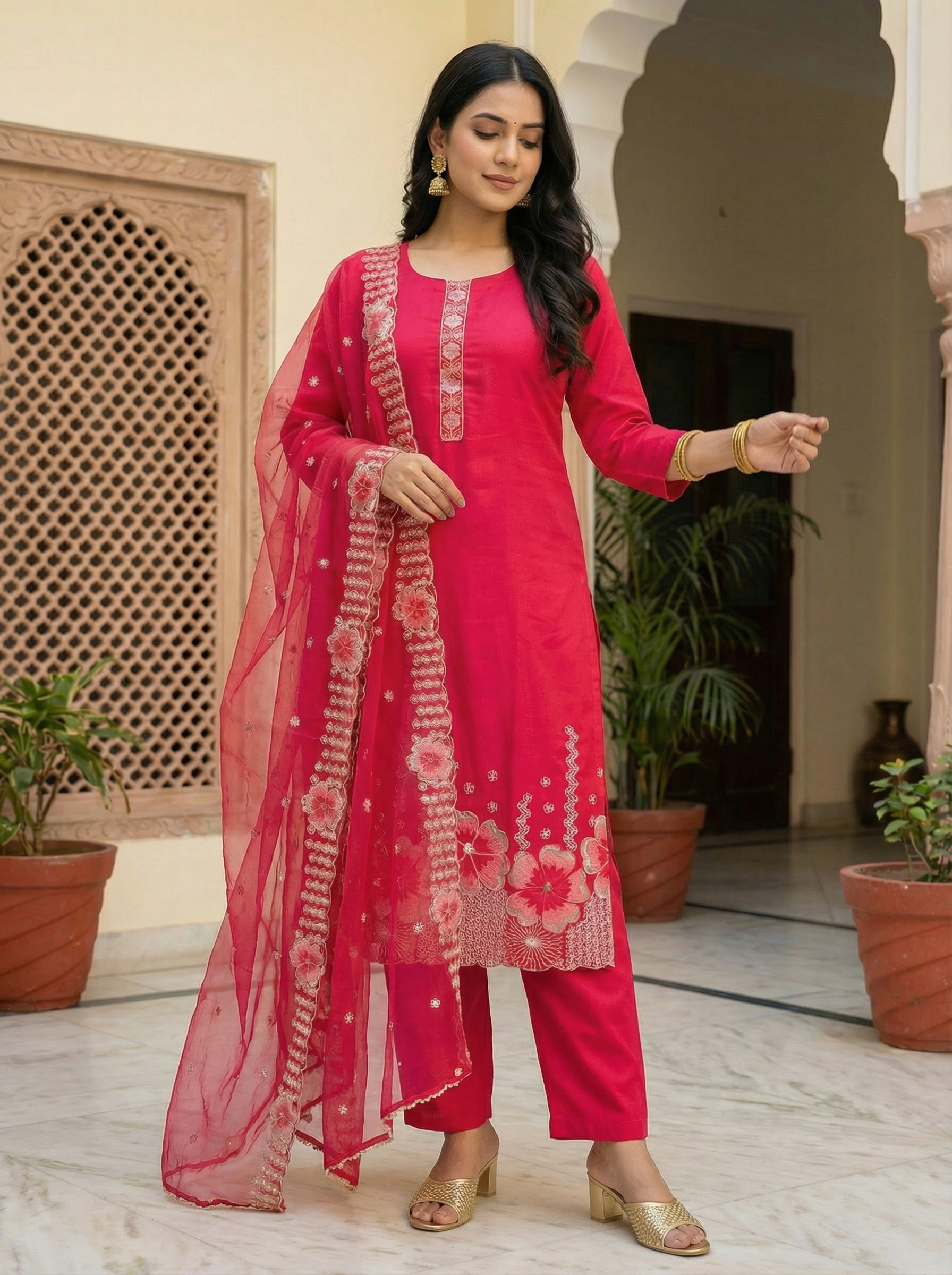 BEAUTIFUL PINK ROMAN SILK DRESS WITH FLOWER EMBROIDERY WITH NET DUPATTA