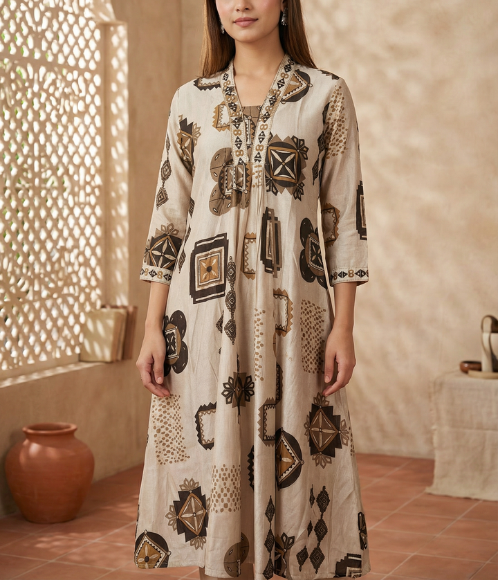 VATICAN SILK FOIL PRINT V NECK KURTI WITH EMBROIDERY WITH POCKET
