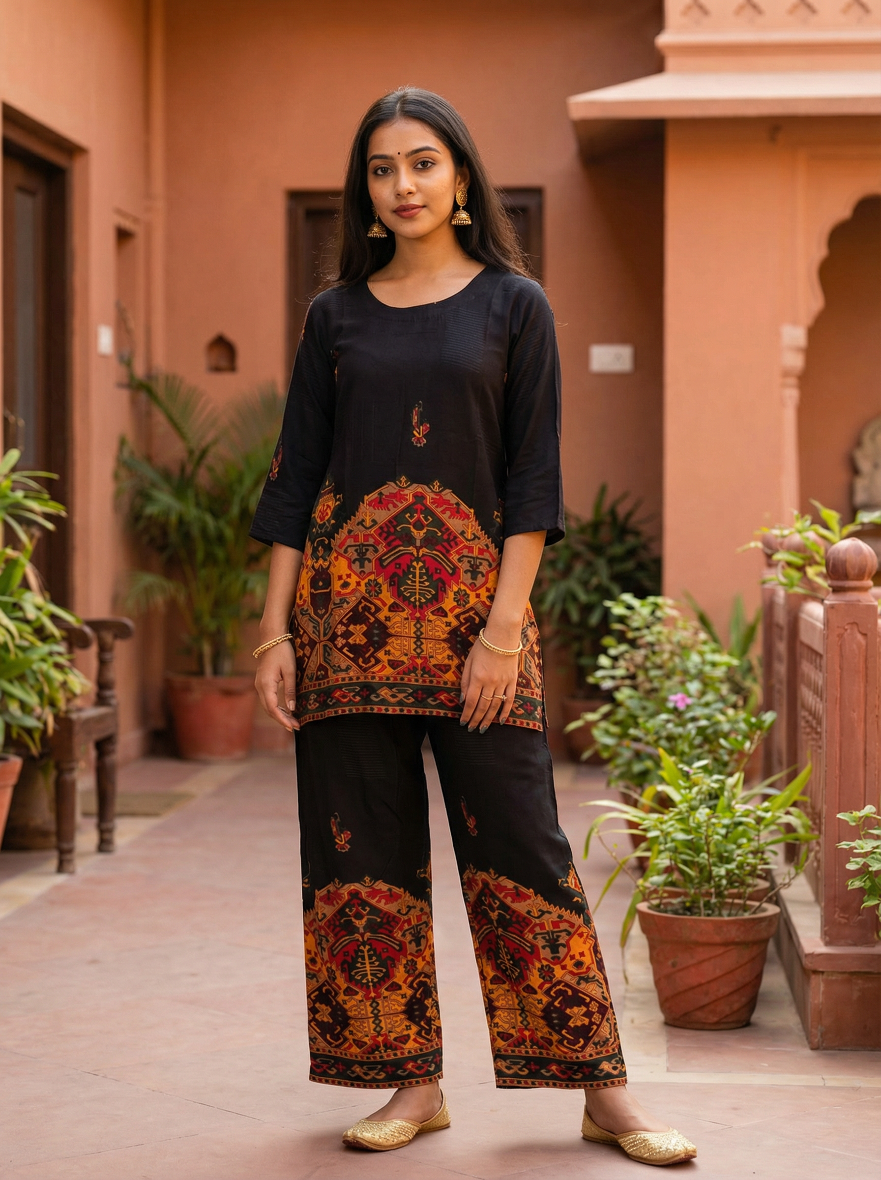 BLACK MUL COTTON CORD SET WITH TRADITIONAL PRINT