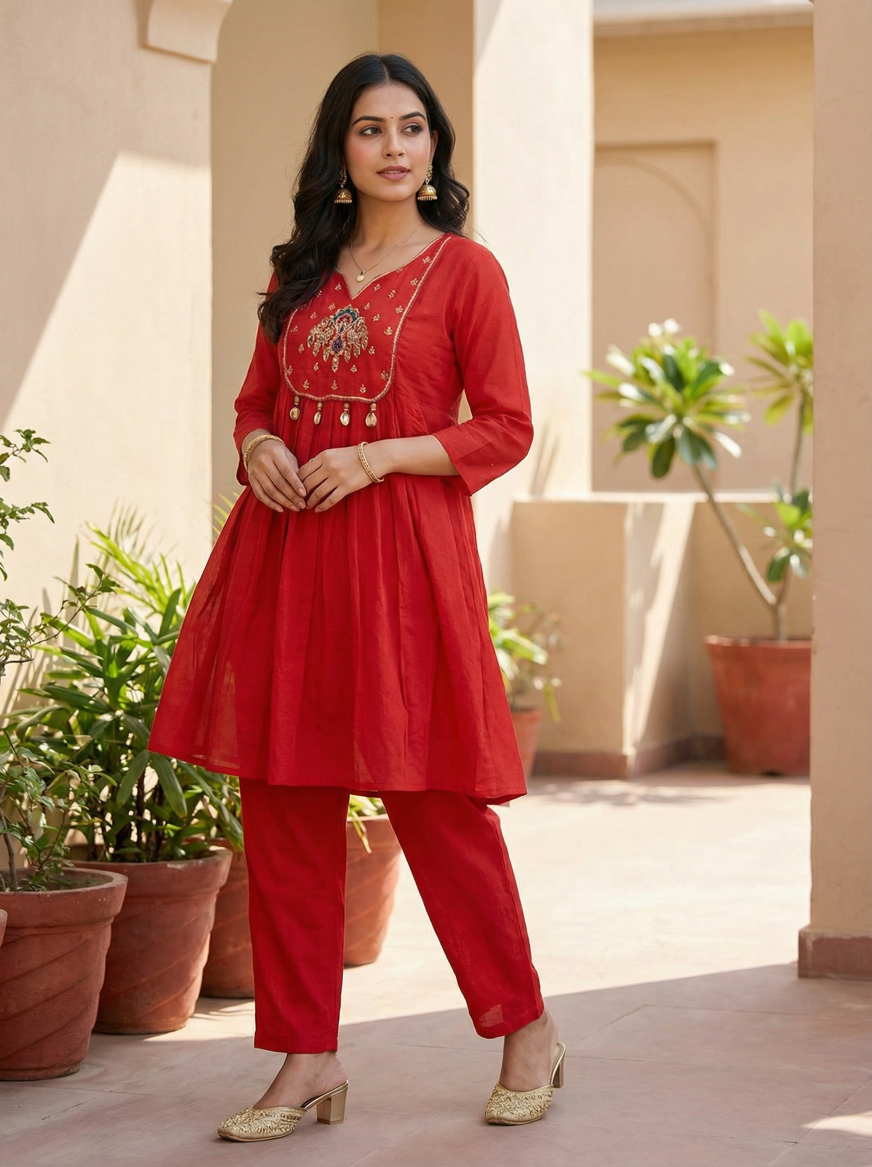 PREMIUM MUL CHANDERI CORD SET WITH HEAVY NECK WORK