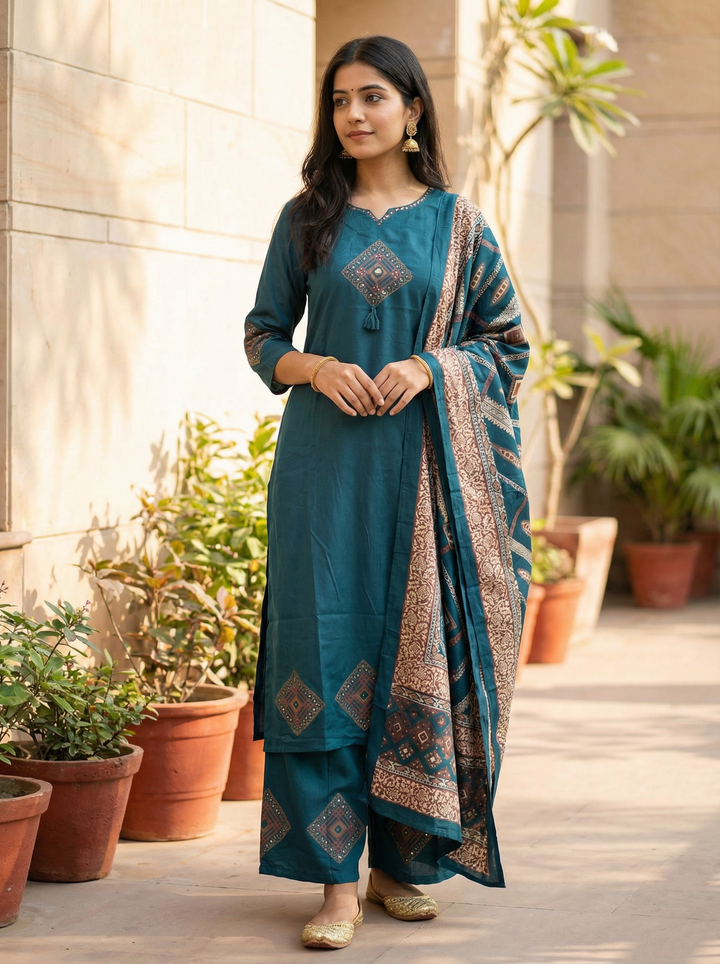 ORIGINAL GAJI SILK DRESS WITH HAND WORK AND BLOCK PRINT WITH GAJI SILK PLAZO AND PRINTED GAJI SILK DUPATTA WITH SURPRISED POCKET IN KURTI