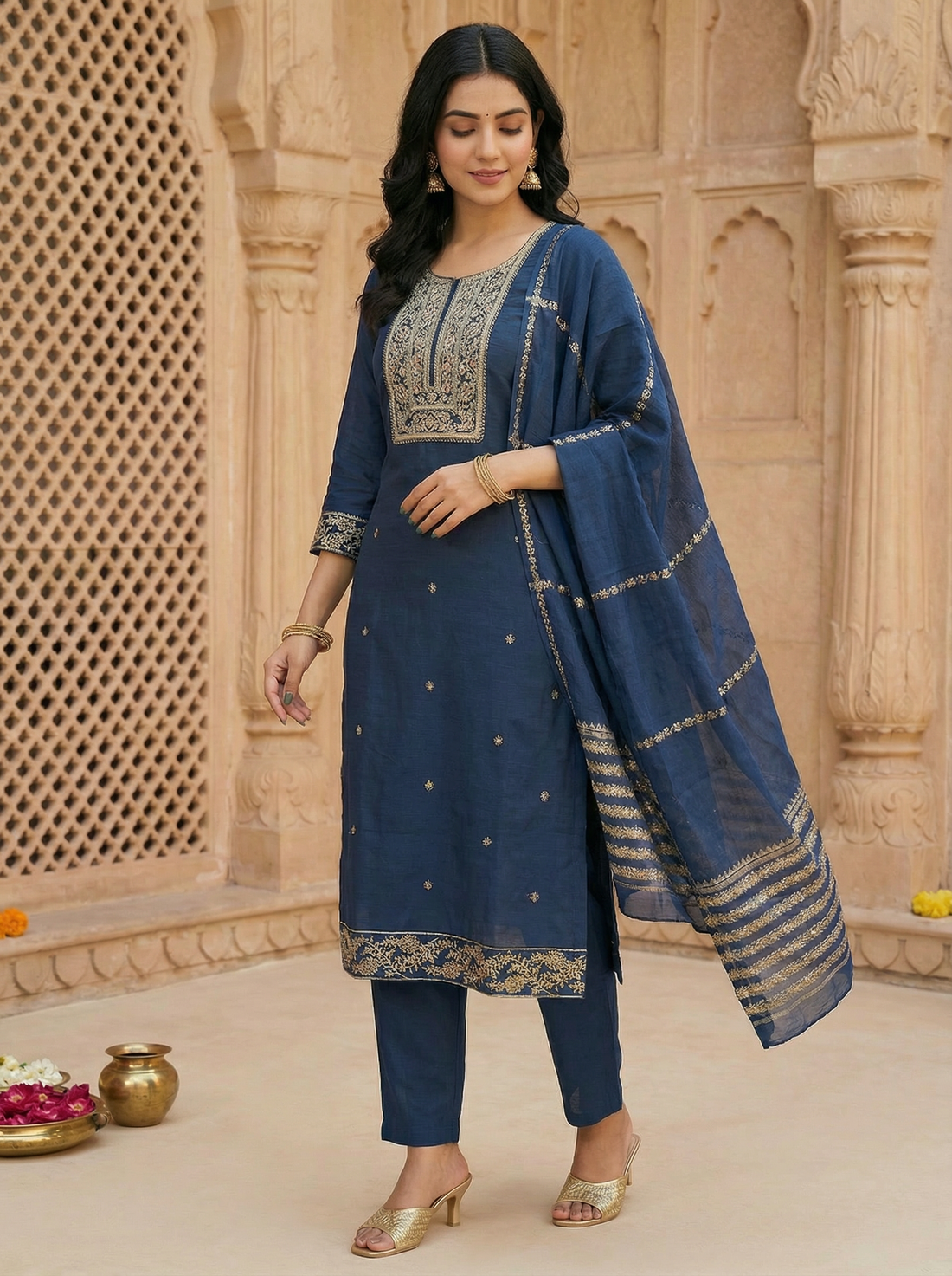 VATICAN SILK DRESS WITH BEAUTIFUL NECK EMBROIDERIE AND DUPATTA