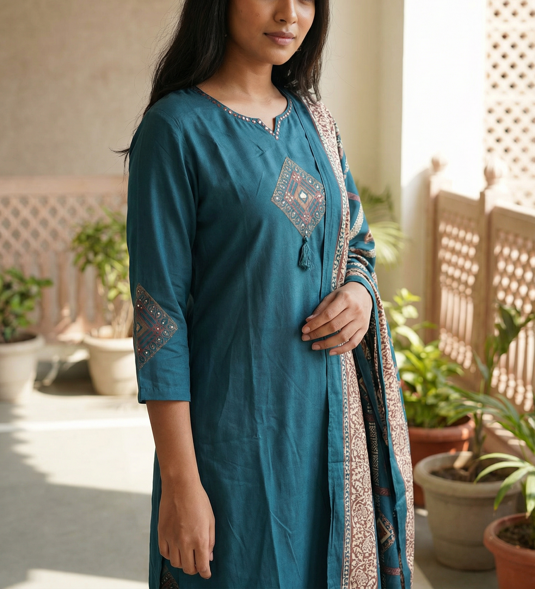 ORIGINAL GAJI SILK DRESS WITH HAND WORK AND BLOCK PRINT WITH GAJI SILK PLAZO AND PRINTED GAJI SILK DUPATTA WITH SURPRISED POCKET IN KURTI