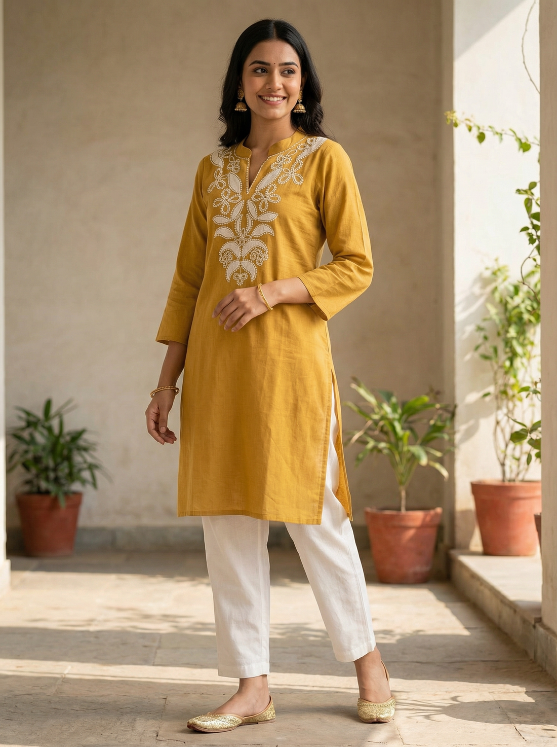 YELLOW VATICAN SILK SHORT KURTI WITH WHITE EMBROIDERY NECK DESIGN