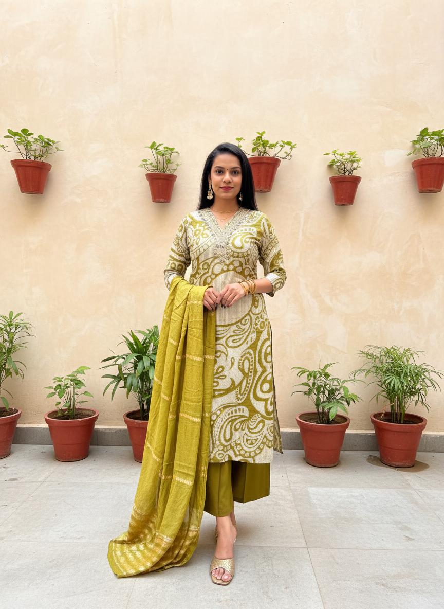BARLIN SILK OLIVE GREEN PLAZO DRESS  WITH NECK EMBROIDERY WITH DUPTA
