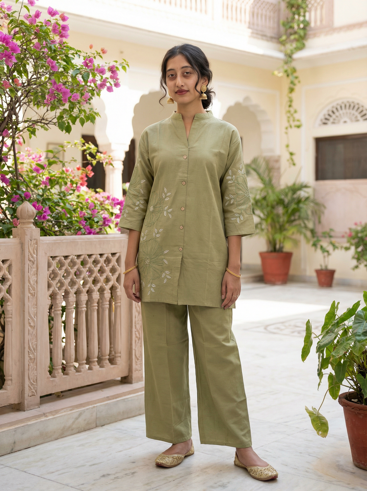 ORIGINAL COTTON LIGHT GREEN CORD SET WITH PLAZO AND BEAUTIFUL EMBROIDERY WORK