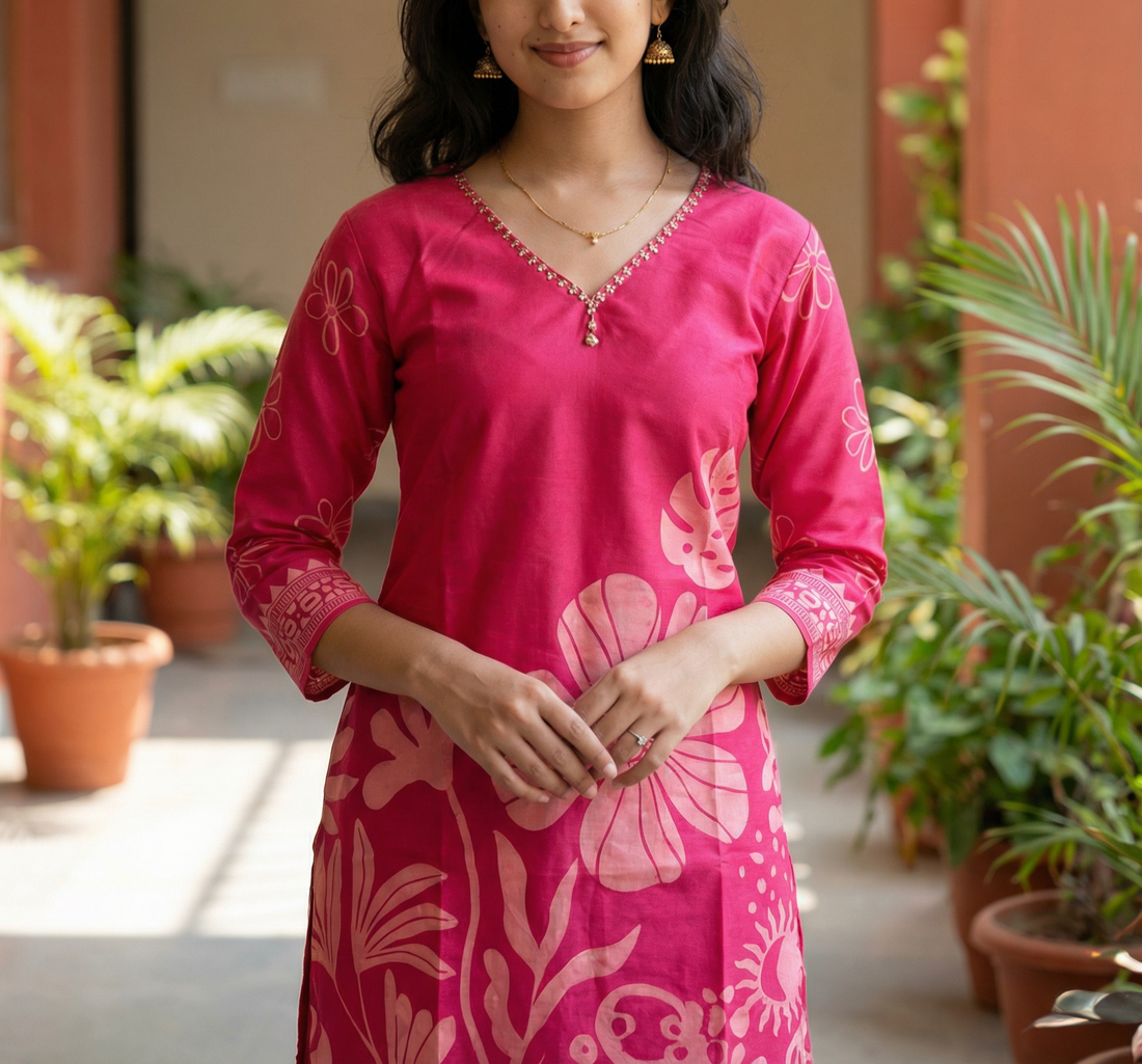 SILK GOLD JACQUARD PINK HAND WORK NECK KURTI WITH POCKET