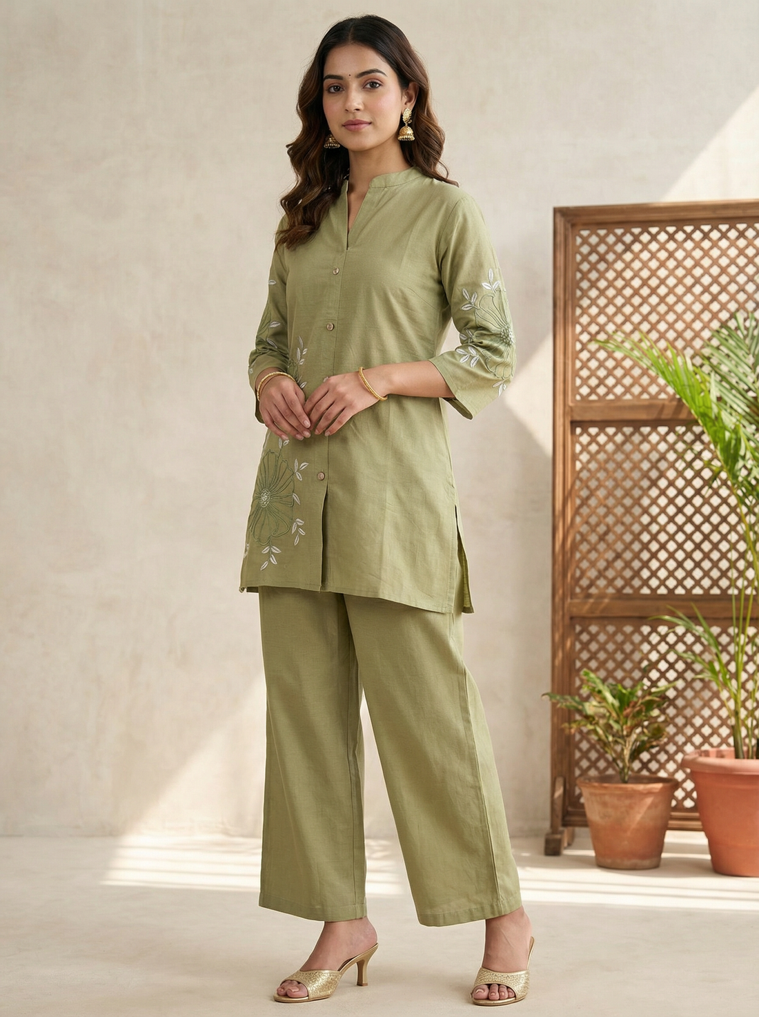 ORIGINAL COTTON LIGHT GREEN CORD SET WITH PLAZO AND BEAUTIFUL EMBROIDERY WORK