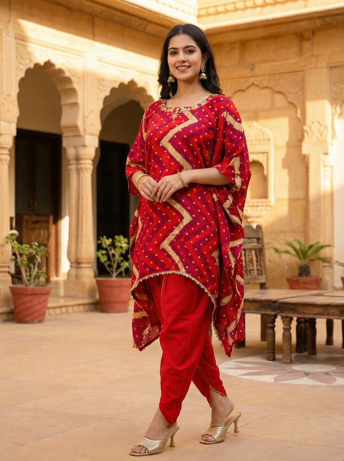 BEAUTIFUL MUL COTTON KAFTAN WITH DHOTI AND NECK WORK