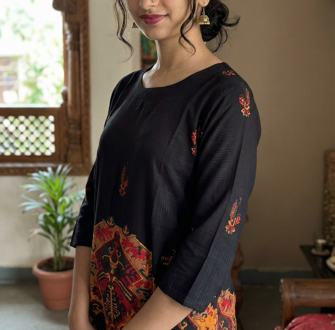 BLACK MUL COTTON CORD SET WITH TRADITIONAL PRINT