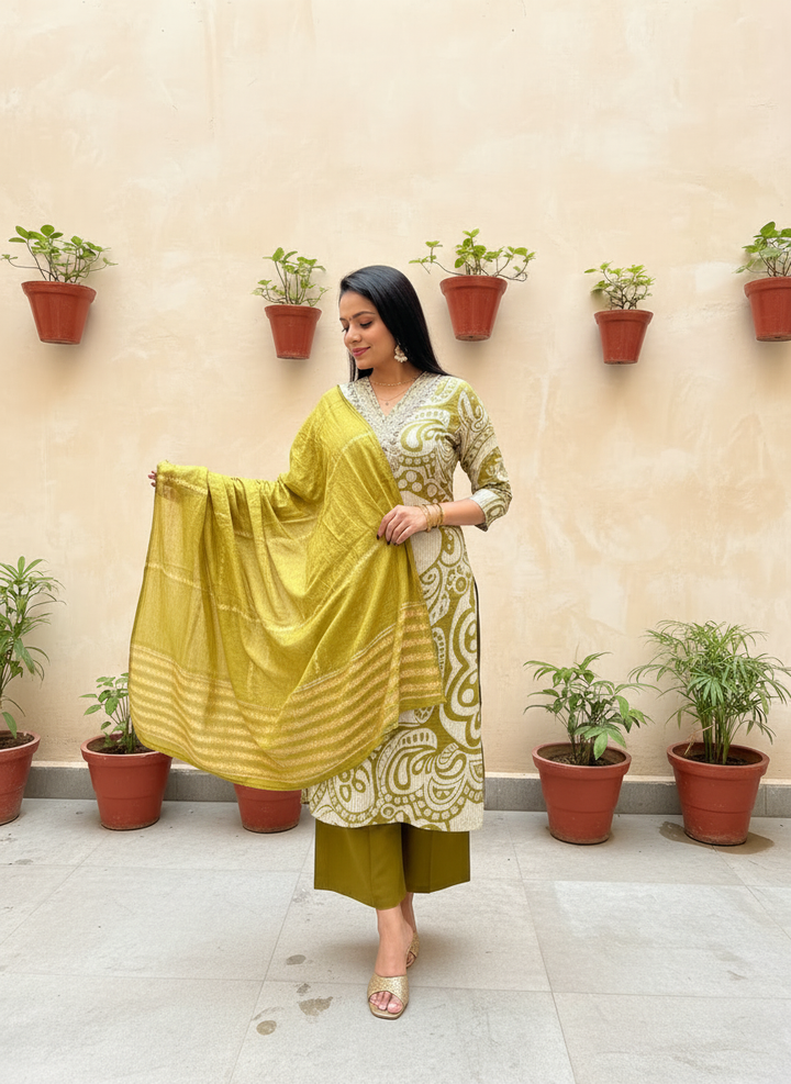 BARLIN SILK OLIVE GREEN PLAZO DRESS  WITH NECK EMBROIDERY WITH DUPTA