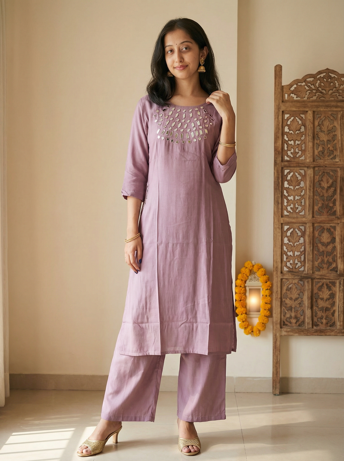 VATICAN SILK LIGHT PURPLE CORD SET WITH REAL MIRROR NECK WORK WITH POCKET