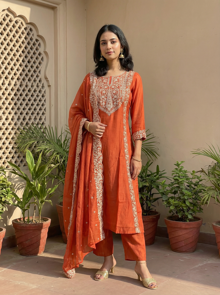 PREMIUM MULL CHANDERI HEAVY EMBROIDERY DRESS WITH MULL CHANDERI DUPTTA ALONG WITH PANT