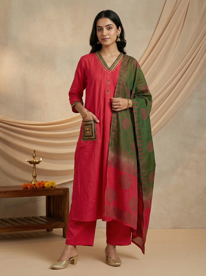 ROMAN SILK DRESS WITH MANUAL HAND MIRROR WORK NECK AND POCKETS WITH ROMAN SILK PLAZO AND BLOCK WORK DUPATTA