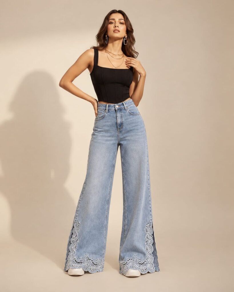 Side slit embroidery denim